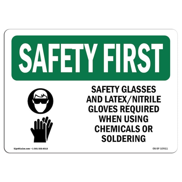 Signmission OSHA Sign, Glasses And Latex Nitrile W/ Symbol, 10in X 7in Decal, 10" W, 7" H, Landscape OS-SF-D-710-L-10911 - main